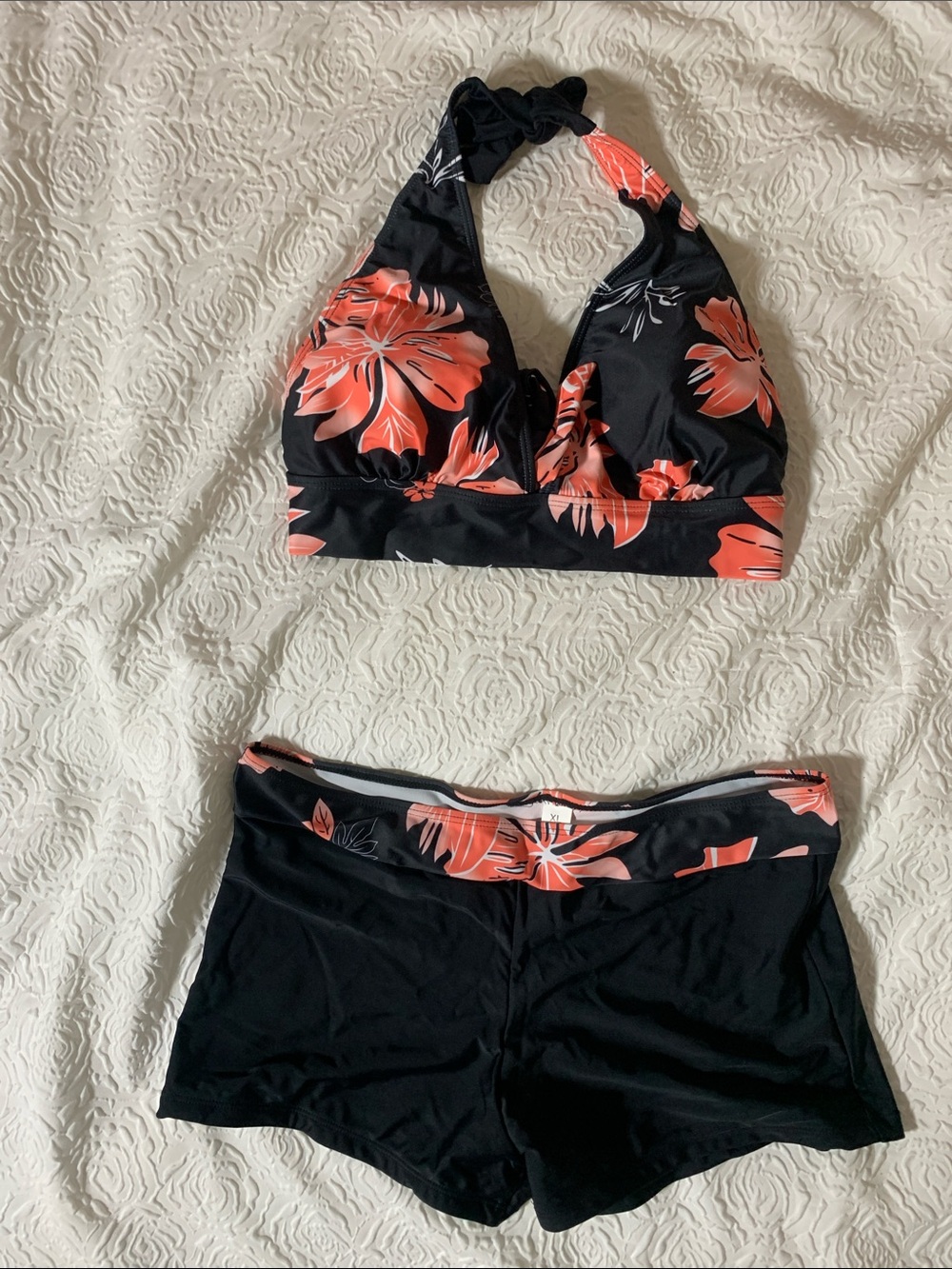 NWT YONIQUE Black Halter Bikini Top and Boyshorts, Size XL